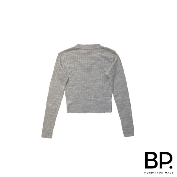 BP Reagan Rib Crop V Neck Long Sleeve Ribbed Knit Sweater Grey Heather - Picture 2 of 3